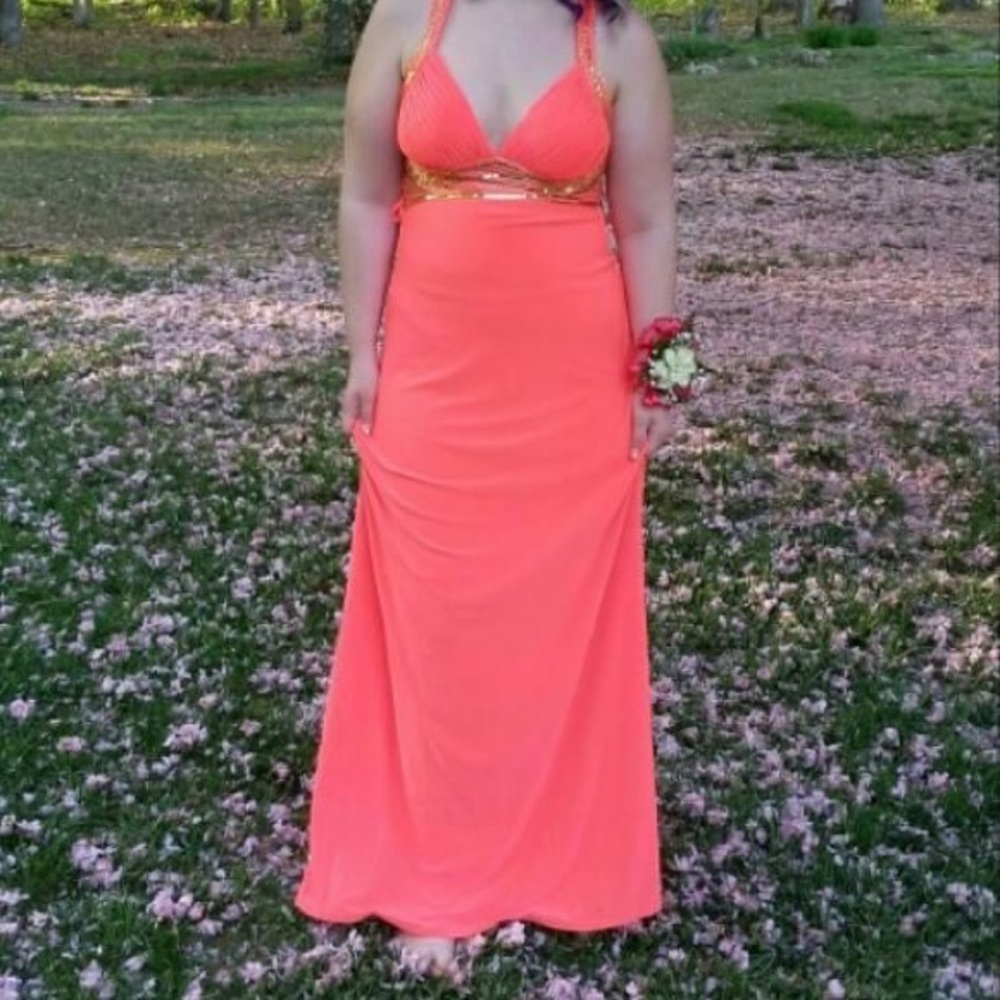 Cachet Neon Coral Prom Dress
